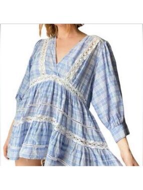 Free People Time Out Lace Tunic Top Womens Medium Plaid Tiered Boho Oversized Q